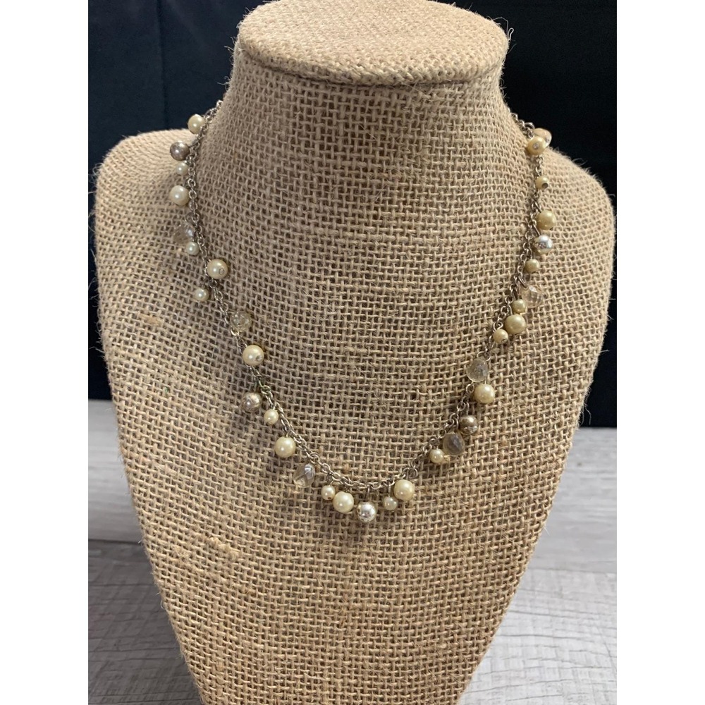 SAQ Silver Tone Faux Pearl and Crystal Cluster Chain Necklace 16 Inch